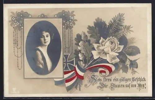 AK Damenportrait mit Eisernem Kreuz und patriotischer Schleife