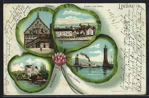 Passepartout-Lithographie Lindau i. B., Rathaus, Bad Schachen, Hafeneinfahrt, Ortsansicht im Kleeblatt