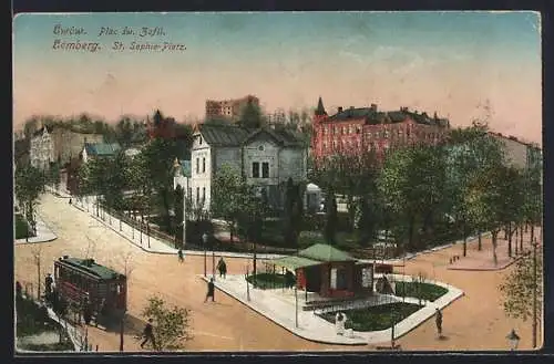 AK Lemberg, St. Sophie-Platz aus der Vogelschau, Strassenbahn