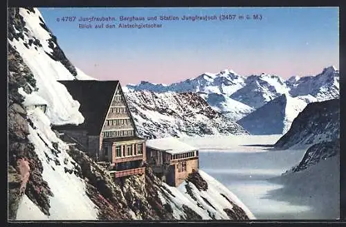 AK Jungfraubahn, Berghaus und Station Jungfraujoch, Blick auf den Aletschgletscher