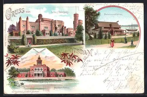 Lithographie Potsdam, Schloss Babelsberg, Matrosenstation, Masrmor-Palais