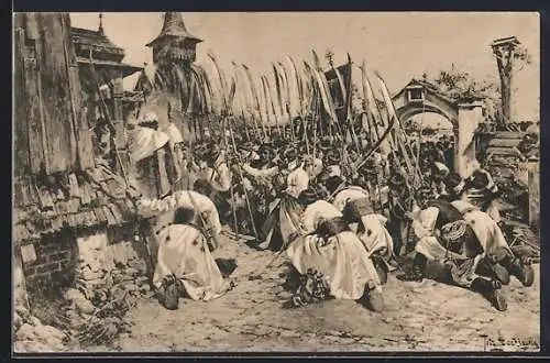 Künstler-AK sign. P. Stachiewicz, Segnung der Sensenmänner im Aufstand 1794