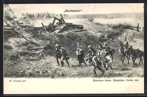 Künstler-AK Polnische Soldaten in Uniformen bei einem zerstörten Haus