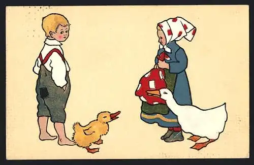 Künstler-Präge-AK Kinder in bäuerlichen Kleidern mit einer Gans und einer Ente