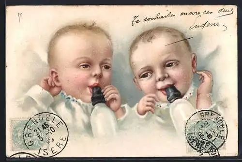 Lithographie Zwei zufriedene Säuglinge mit Fläschchen