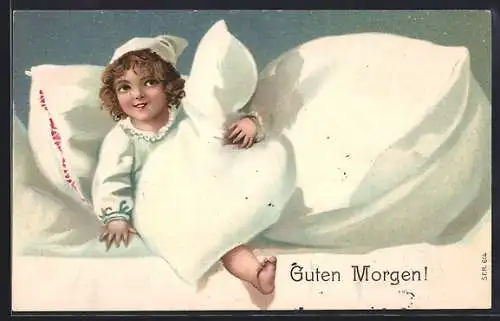 AK Guten Morgen!, Kind mit Zipfelmütze im Bett