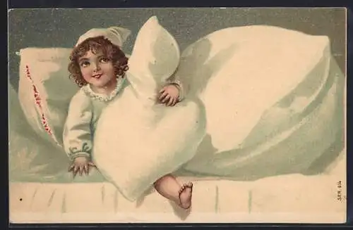 AK Vergnügtes Kind mit Zipfelmütze im Bett