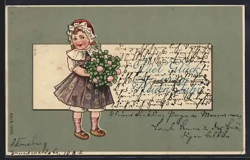 AK Kleines Mädchen mit Blumenstrauss und Ringelstrümpfen