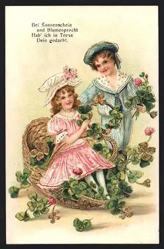 AK Kleines Paar mit Rosen und Glücksklee