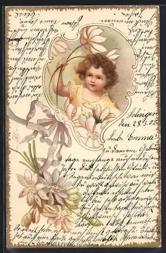 Lithographie Kind hält Blumen in die Höhe, Ornament-Rahmen, Blumenstrauss