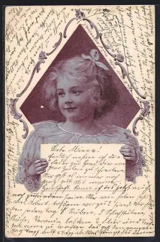 Lithographie Mädchen mit Haarschleife hält ein Schild in den Händen, Ornament-Rahmen