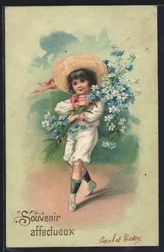 AK Knabe mit Strohhut hält Vergissmeinnicht-Strauss in den Armen