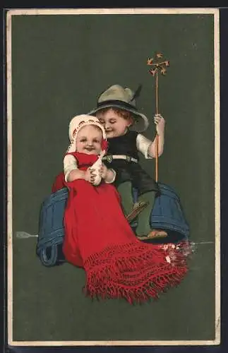 AK zwei Kinder in bayrischen Trachten