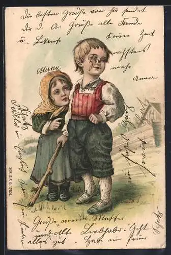 Lithographie Kleines Paar mit Kopftuch und Stecken