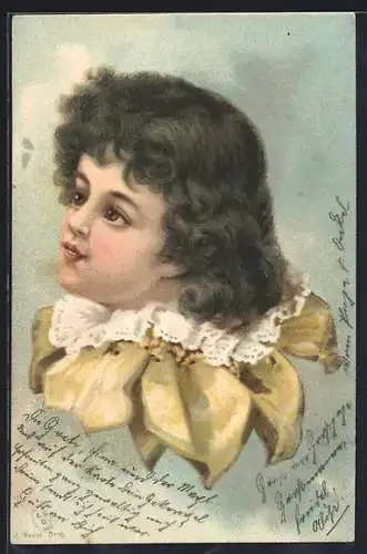 Lithographie Lockiger Knabe mit Zierkragen, Portrait