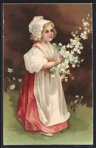 Lithographie Mädchen mit Haube und Schürze beim Blumenpflücken