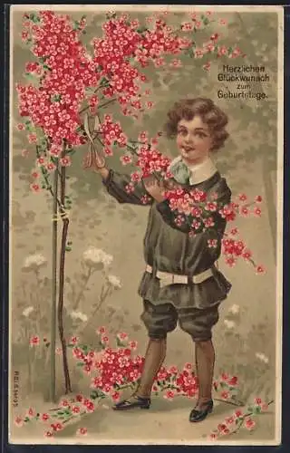 Künstler-AK Kind schneidet Blüten von einem Strauch zum Geburtstag