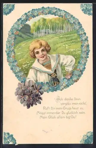 AK Knabe im Matrosenanzug grüsst mit Blumen, Vergissmeinnicht-Rahmen