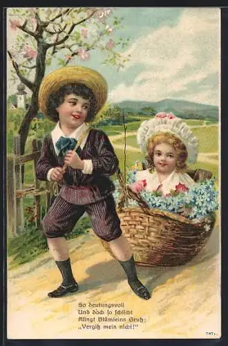 AK Knabe zieht Mädchen im Blumenkorb über die Landstrasse