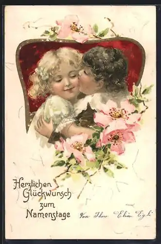 Lithographie Kleiner Kavalier gibt Mädchen einen Kuss, Namenstagsgruss