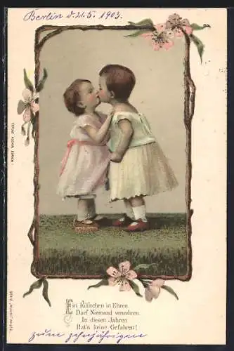 Lithographie Ein Küsschen in Ehren..., Kinderpaar, Blumen-Rahmen