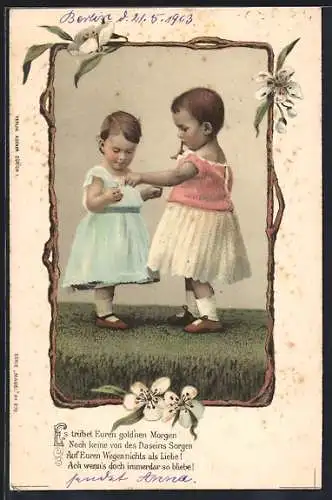 Lithographie Mausi, Kleinkinder mit Blümchen