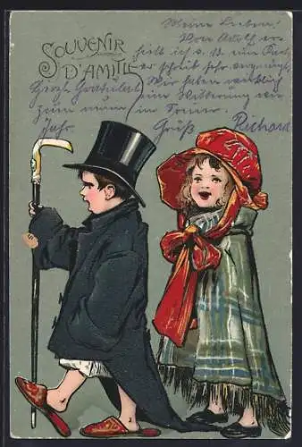 Lithographie Kleines Paar, als Erwachsene verkleidet, Stock, Zylinder, Haube, Pantoffeln