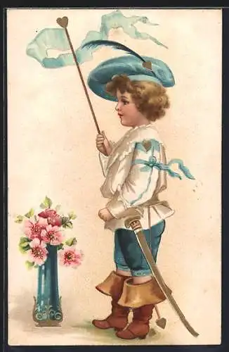 AK Kleiner Haudegen mit Herz-Stab, Federhut und Degen, Blumenvase