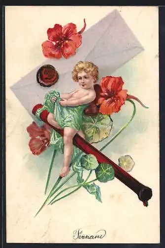 Lithographie Kindliche Figur, auf einem Rohr sitzend, Blumen, Brief