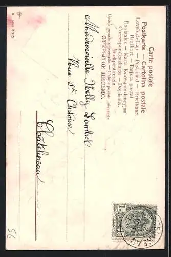 Lithographie Kindliche Figur, auf einem Rohr sitzend, Blumen, Brief