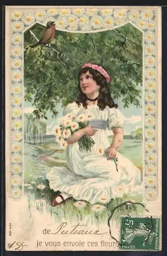 AK Mädchen mit gepflückten Blumen lauscht einem Rotkehlchen