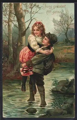 AK Jung gewohnt..., Kleiner Kavalier trägt Mädchen durch ein Gewässer