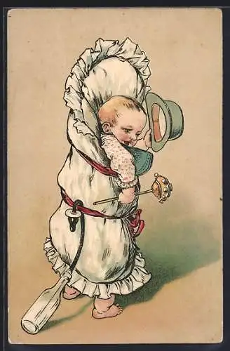 Lithographie Laufender Säugling mit Bettzeug und Fläschchen lüpft grüssend den Hut