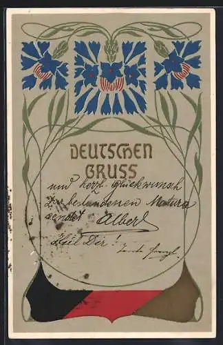 AK Deutschen Gruss, Kornblumen-Ornamente, Schwarzrotgoldene Fahne