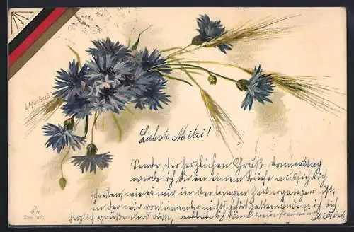 Lithographie Kornblumen und Ähren, schwarzrotgoldenes Band