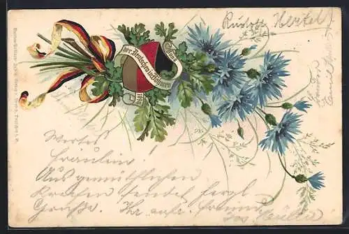 Lithographie Bund der Deutschen in Böhmen, Schwarzrotgoldene Schleife mit Eichenlaub u. Kornblumen