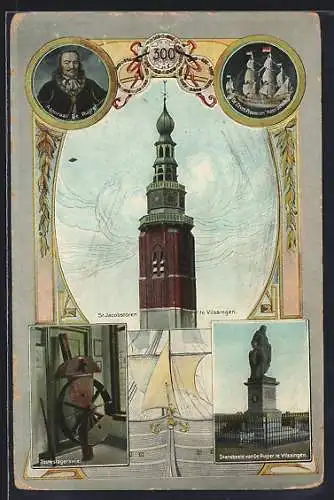 AK Vlissingen, St. Jacobstoren, Standbeeld van De Ruijter, Porträt Admiral De Ruijter, Segelschiff