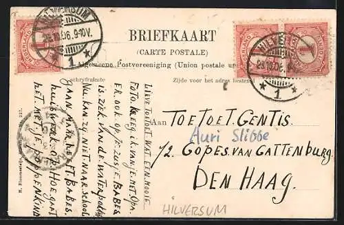AK Hilversum, Groest, Strassenkreuzung mit Geschäften, Stele