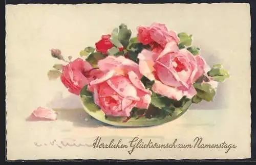 Künstler-AK Catharina Klein: Vase mit Strauss rosa Rosen