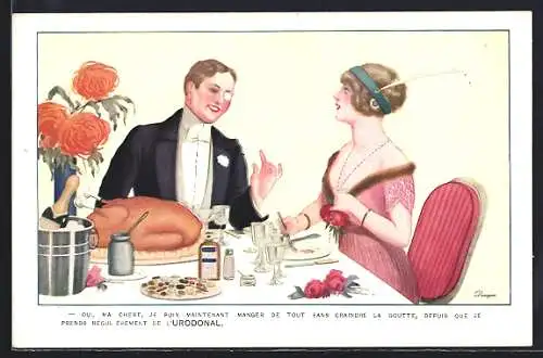 AK Ein Paar beim festlichen Abendessen, Reklame für Nierenmedikament