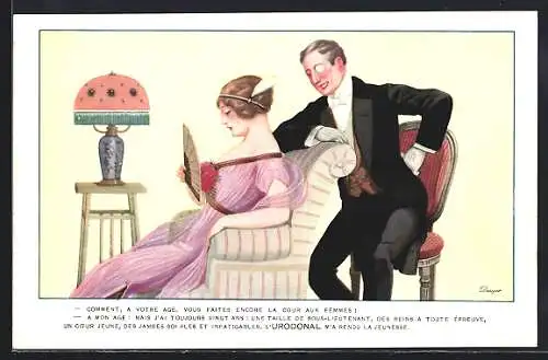 AK Reklame Medikament Urodonal gegen Nierenkolik, Frau sitzt mit Fächer im Sessel, Mann sitzt auf einem Stuhl hinter ihr