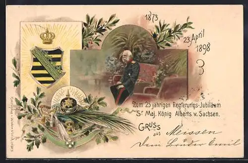 Lithographie Zum 25. jährigen Regierungs-Jubiläum Sr. Maj. König Albert von Sachsen, Wappen