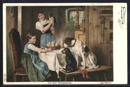 AK Familie am Mittagstisch mit Dackel