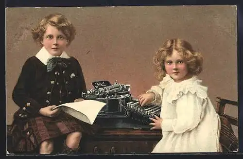 Lithographie Kinder mit einer Yost-Schreibmaschine