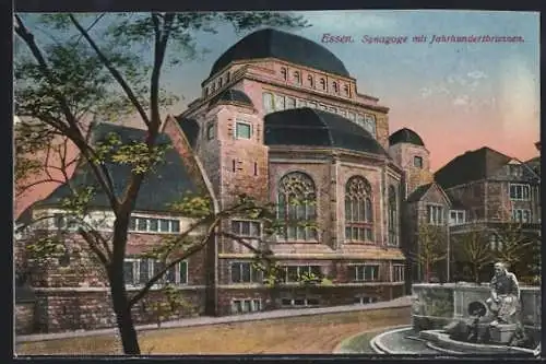 AK Essen, Synagoge mit Jahrhundertbrunnen an Strasse