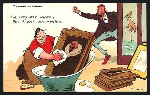 Künstler-AK Tom Browne: Spring Cleaning, The Lady Help Washes Pa`s Finest Old Master