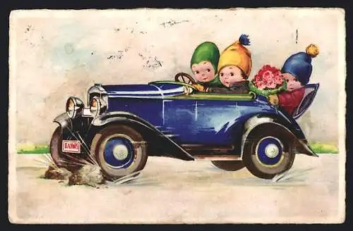 Künstler-AK Glückwünsche zum Geburtstage, Kleine Gratulanten in Auto