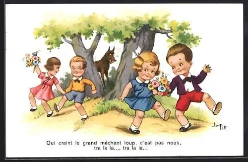 Künstler-AK sign. Jim Patt: Kinder laufen vor einem Wolf weg