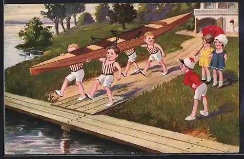 AK Erst die Arbeit, dann`s Vergnügen. Kleine Jungs mit Ruderboot, Mädchen mit Schirm