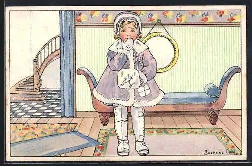 Künstler-AK sign.: Suzanne Cocq: Mädchen in Winterkleidung im Flur